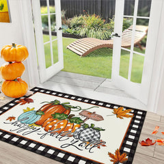 U'Artlines front view of vintage pumpkin doormat, greets guests and protects floors