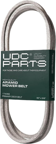 UDC Mower Belts front view showing belt coil and fit information for quick identification