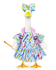 Ueyben front view of costume on goose showing cheerful school design and curb appeal