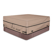 ULTCOVER full front view protecting a 90x90 spa, shows coverage benefit