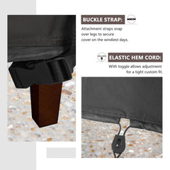 ULTCOVER plastic clip and elastic drawcord securing cover to table legs against wind