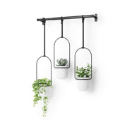 Umbra Triflora front view showing three hanging planters and rod, perfect for small spaces