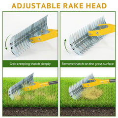 UMEMAXSO rake in use pulling dead grass to improve soil aeration in lawn