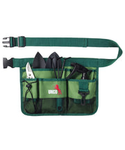 UNCO gardening belt front view showing seven pockets and organized tools