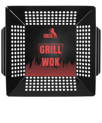 UNCO grill basket front view showing full stainless steel surface and rim for even grilling