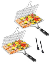 UNCO grill basket main view showing two baskets and brushes, improves grilling control