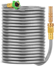 UNCO full-length coiled stainless steel hose showing reach and easy storage benefit