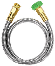 UNCO metal hose front view showing compact 3-foot stainless steel durability
