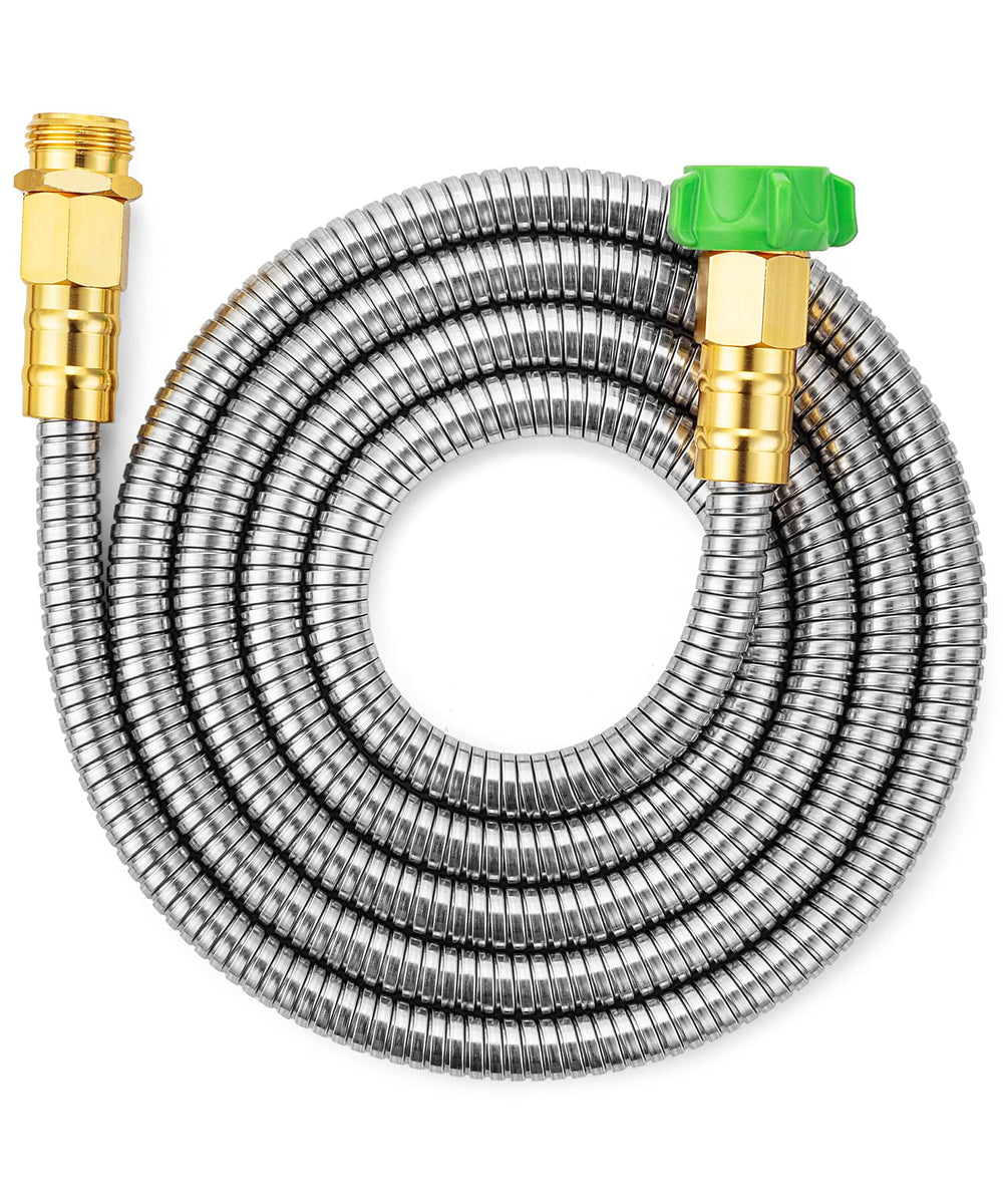 UNCO stainless steel hose front view showing compact design and durability benefit