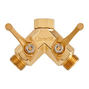 Underhill front view of the metal Y hose splitter showing dual outlets and durable build, improving garden workflow