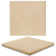 Unicook front view of 12x12 pizza stone showing sturdy square profile and benefit of even baking