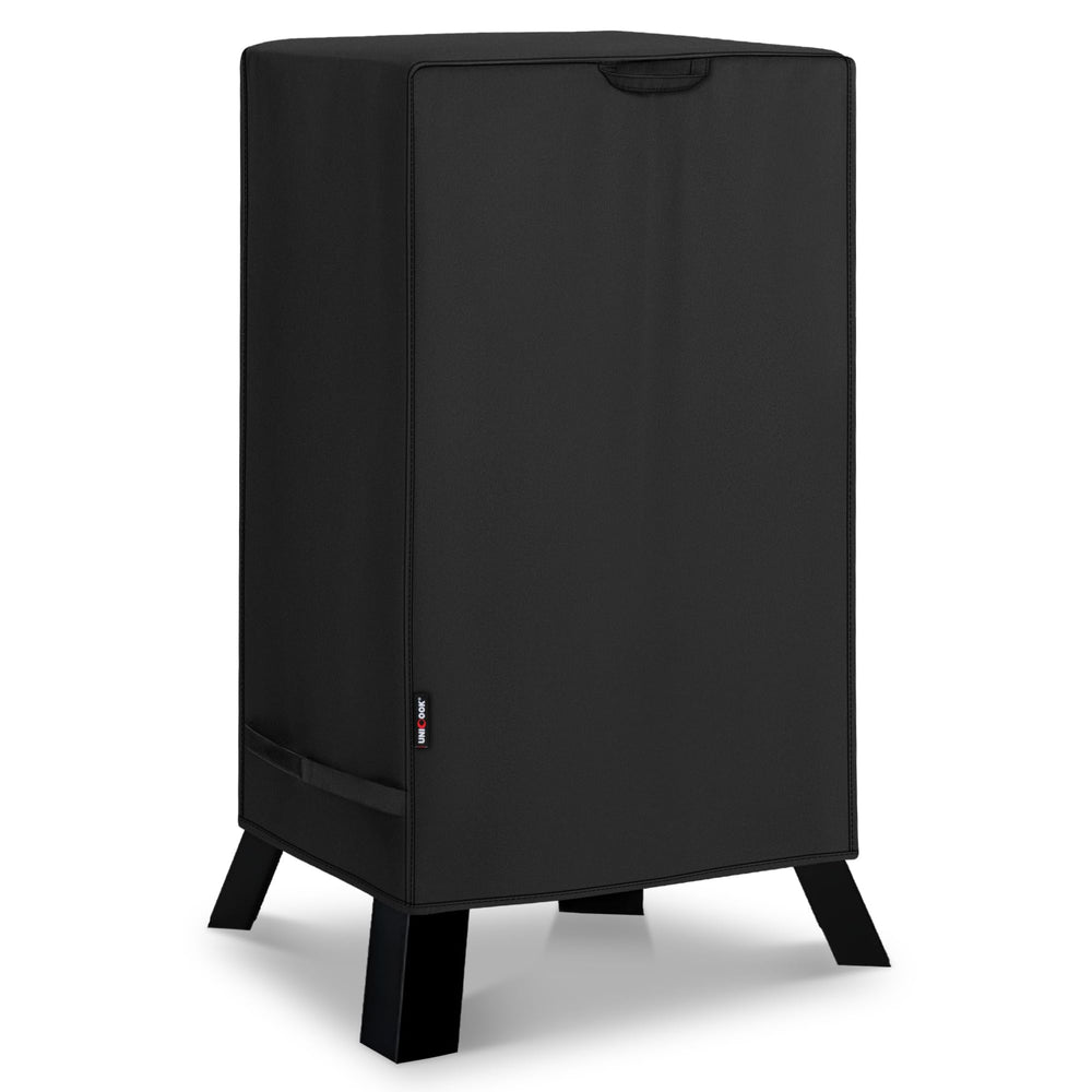 Unicook front view showing cover fitted and protecting smoker outdoors