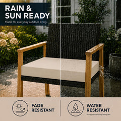UNIKOME cushion placed on patio chair demonstrating comfort and secure fit for seating
