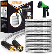 Unywarse front view of entire 75ft metal hose showing durable design and length