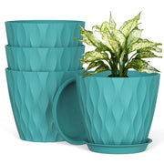 UOUZ front view of four blue 8-inch pots showing modern waffle texture and neat set benefit