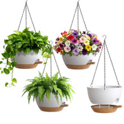 UOUZ front view of four hanging planters showing sleek white-brown design and chains