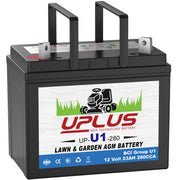 UPLUS battery front view showing model and ready-to-install benefit