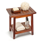 Upolana teak shower bench front view showing sturdy seat and wood grain benefit durability