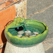 UPSJYJ ceramic fountain front view showing decorative frog and flowing water benefits garden aesthetics