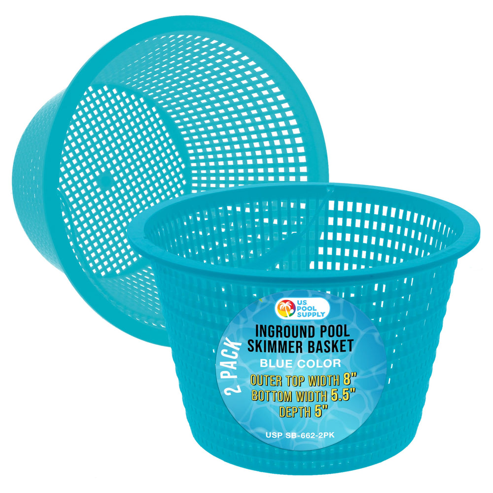 U.S. Pool Supply front view of two teal skimmer baskets showing fit and rim benefit