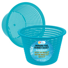 U.S. Pool Supply front view of two teal skimmer baskets showing fit and rim benefit