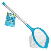 U.S. Pool Supply front view of skimmer showing full net and pole, easy cleanup