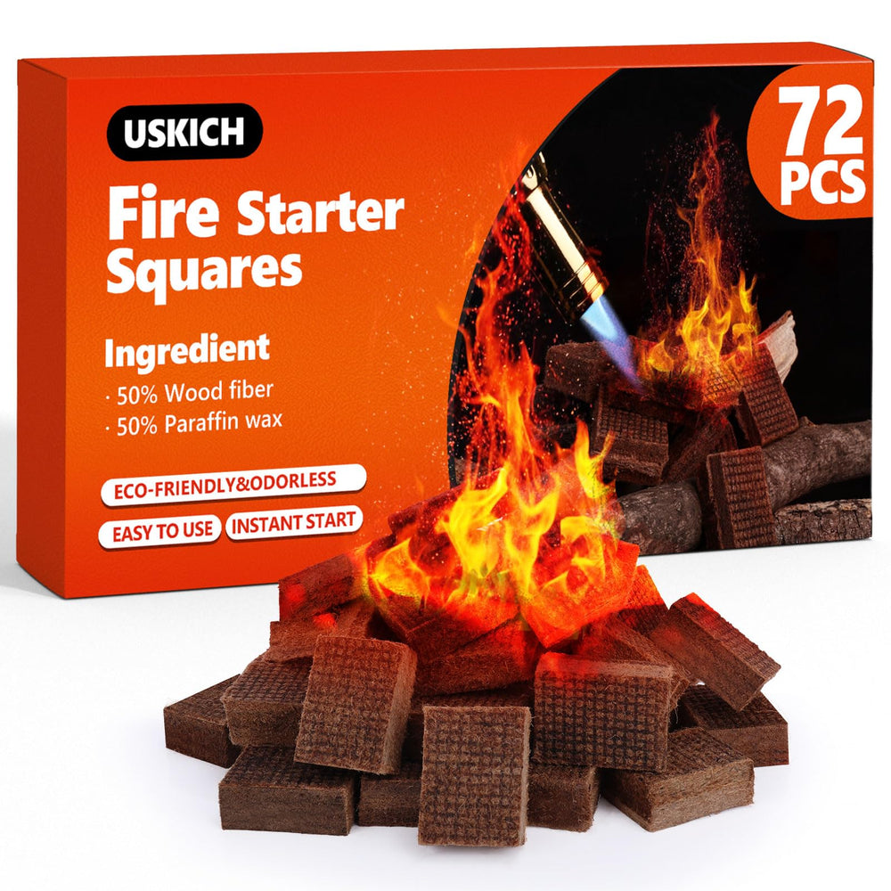 USKICH front packaging showing 72 fire starter squares and clear labeling benefit: easy storage