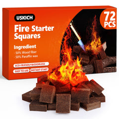 USKICH front packaging showing 72 fire starter squares and clear labeling benefit: easy storage