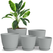 Utopia Home front view of five grey pots showing set and matching saucers for cohesive styling