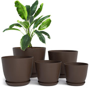 Utopia Home front view of five brown planters showing coordinated set and benefit