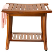 Utoplike front view of teak bench showing sturdy seat and warm finish