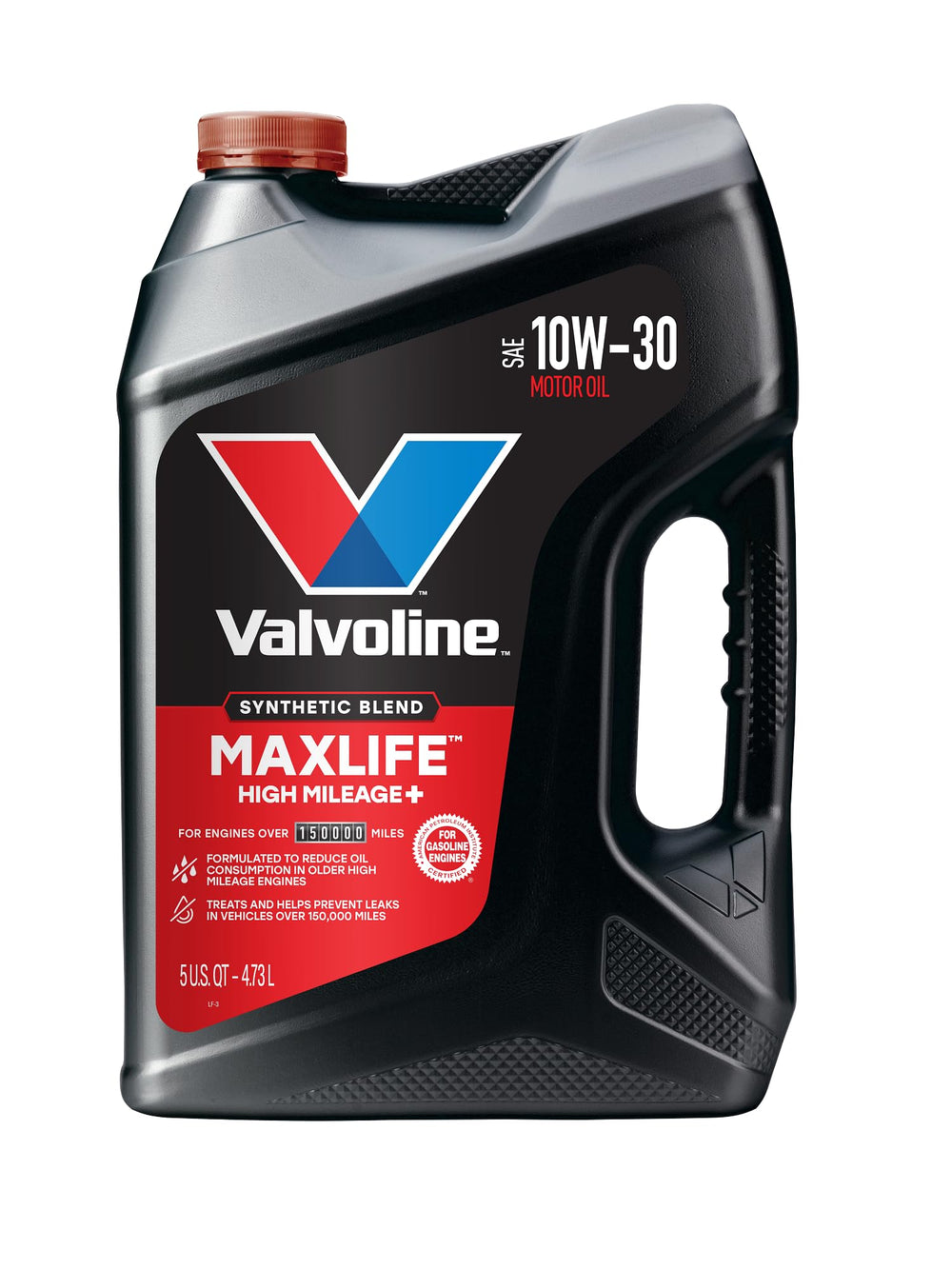 Valvoline bottle front label showing MaxLife High Mileage 150K benefits
