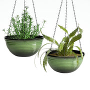 Vanslogreen front view of glazed hanging planter showing elegant shape and benefit