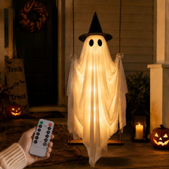 Velqya front view of 5ft swinging ghost showing full silhouette and witch hat, eye-catching décor
