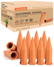 vensovo front view packaging showing ten terracotta spikes and benefits for travel watering
