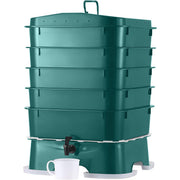 VermiHut front view showing compact 5-tray system and easy access benefit