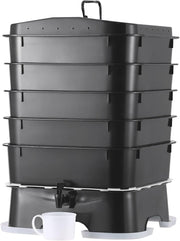 VermiHut front view showing five-tray stack and compact footprint benefit