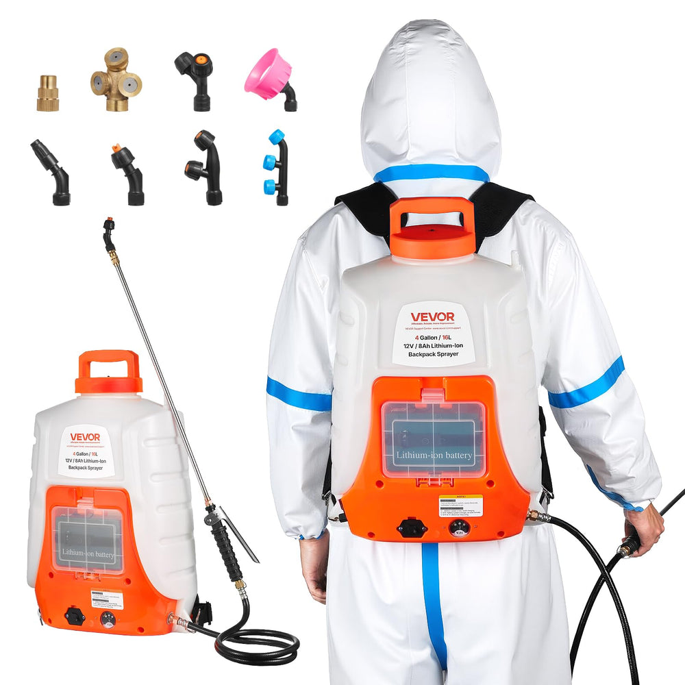 VEVOR front view of 4-gallon battery backpack sprayer showing compact design and portability