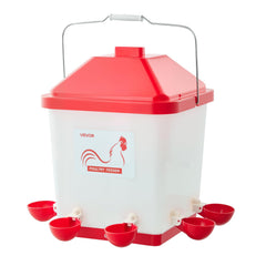 VEVOR front view showing 5-gallon waterer and six ports, durable and tidy