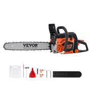 VEVOR chainsaw front view showing bar and chain for powerful cutting