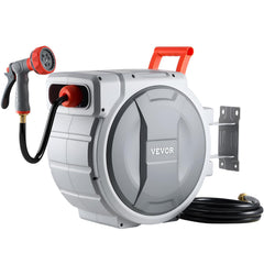 VEVOR front view of reel showing compact wall-mounted design and tidy hose storage