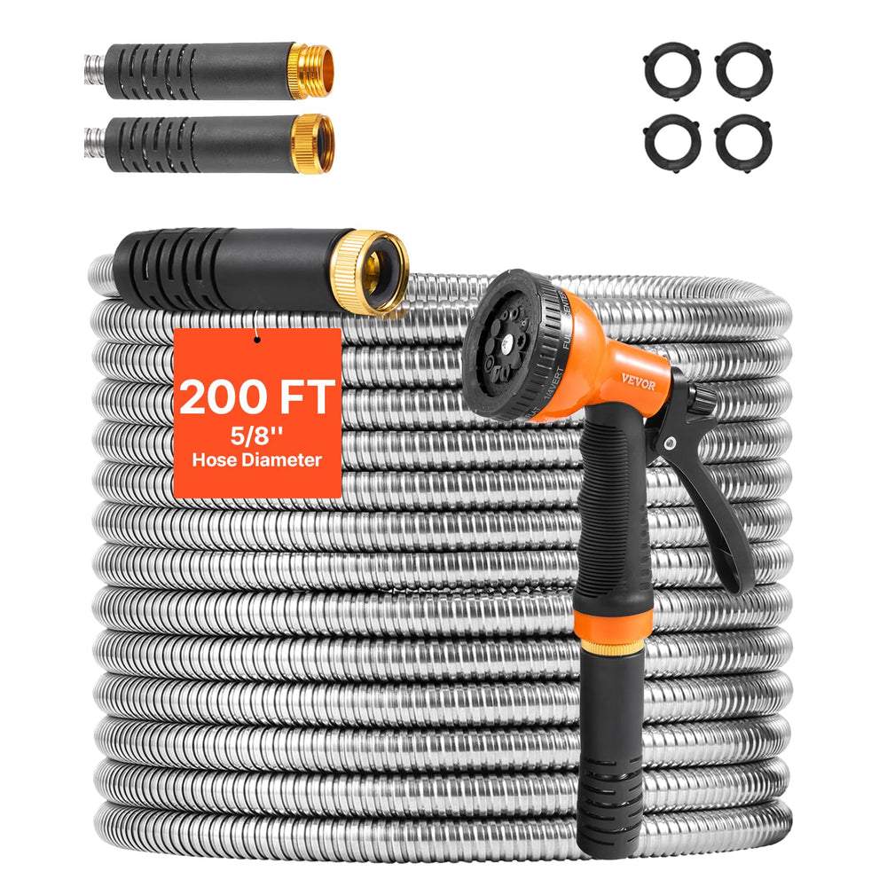 VEVOR full-length hose displayed showing durable stainless steel construction and reach