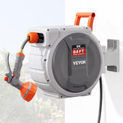 VEVOR front-mounted hose reel showing compact wall installation and tidy storage