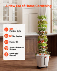 VEVOR hydroponic tower 20L reservoir and pump visible for easy refills and steady circulation