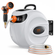 VEVOR front view of retractable hose reel showing compact housing and mount for neat storage
