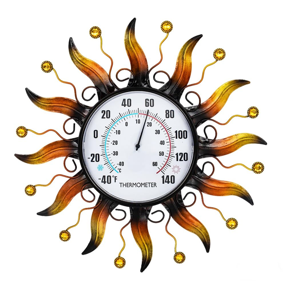 VEWOGARDEN sun thermometer front view showing readable dial and sunburst art