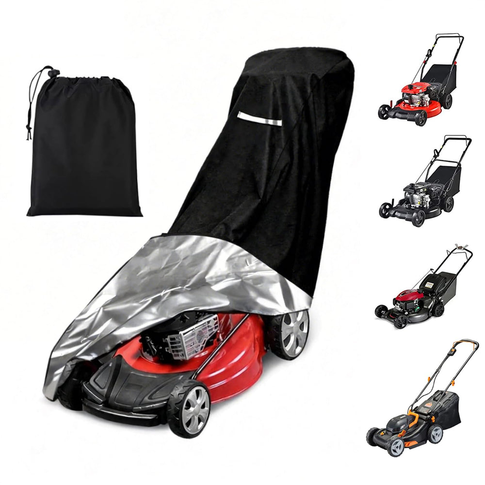 Viadom front view of cover protecting a push mower, showing full fit and protection