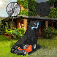 Viadom cover installed on a walk-behind mower outdoors, demonstrating weather protection