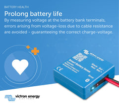 Victron Energy Smart Battery Sense in solar system installation next to MPPT charger, enables synchronized charging