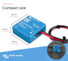 Victron Energy Smart Battery Sense mounted on battery case with adhesive strip, provides reliable temperature sensing